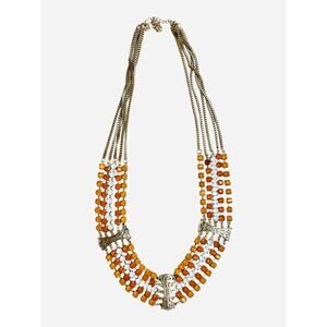Banana Republic Statement Necklace MultiStrand Amber Orange Rhinestone Gold Tone